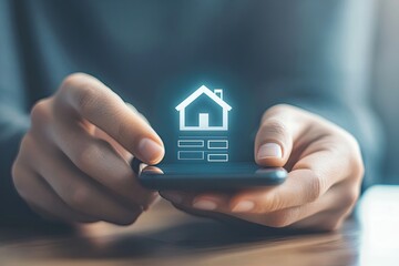 Digital home management. Hands interacting with a phone displaying a house icon and property details. Modern technology for real estate