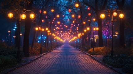 Festive Nighttime Scene with Glowing Garland in a Park