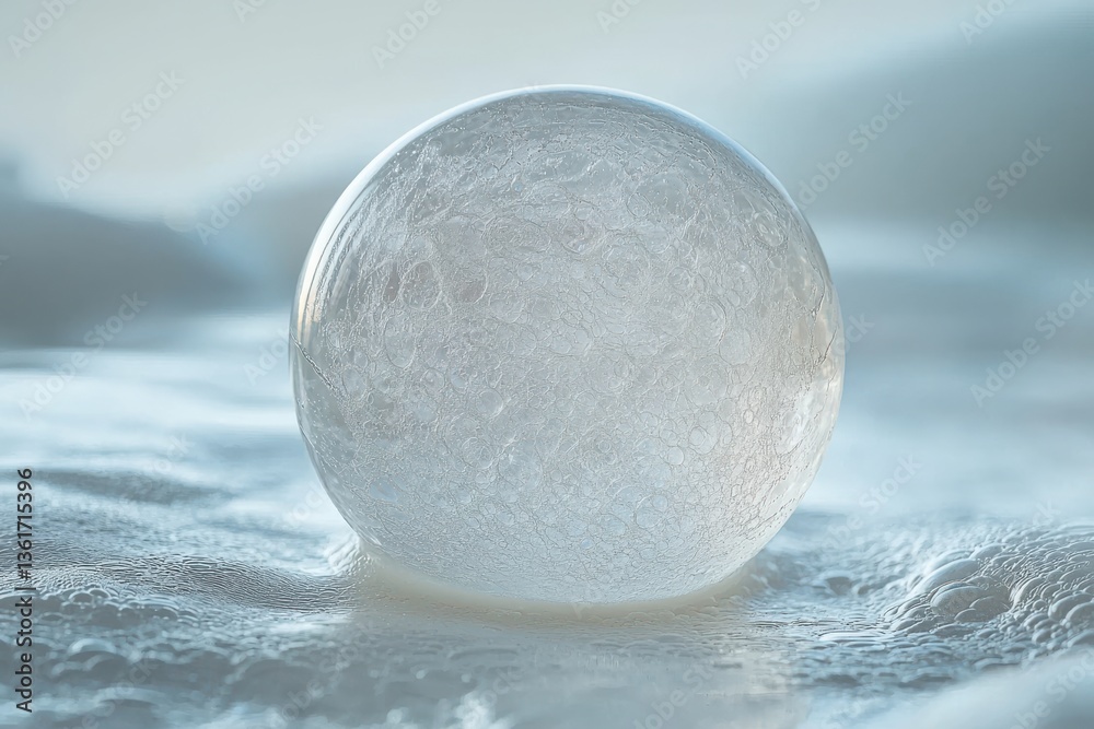 Poster Transparent bubble resting on a foam surface in soft light creates an ethereal atmosphere in a serene environment