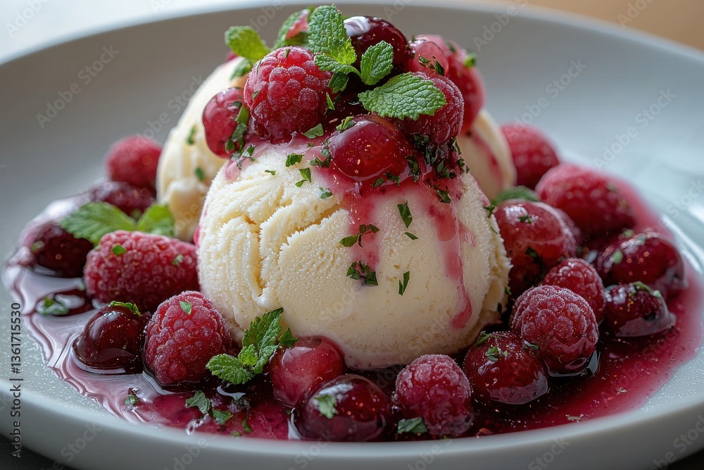 Aufkleber Delicious dessert featuring vanilla ice cream topped with raspberries and a berry sauce in a unique presentation