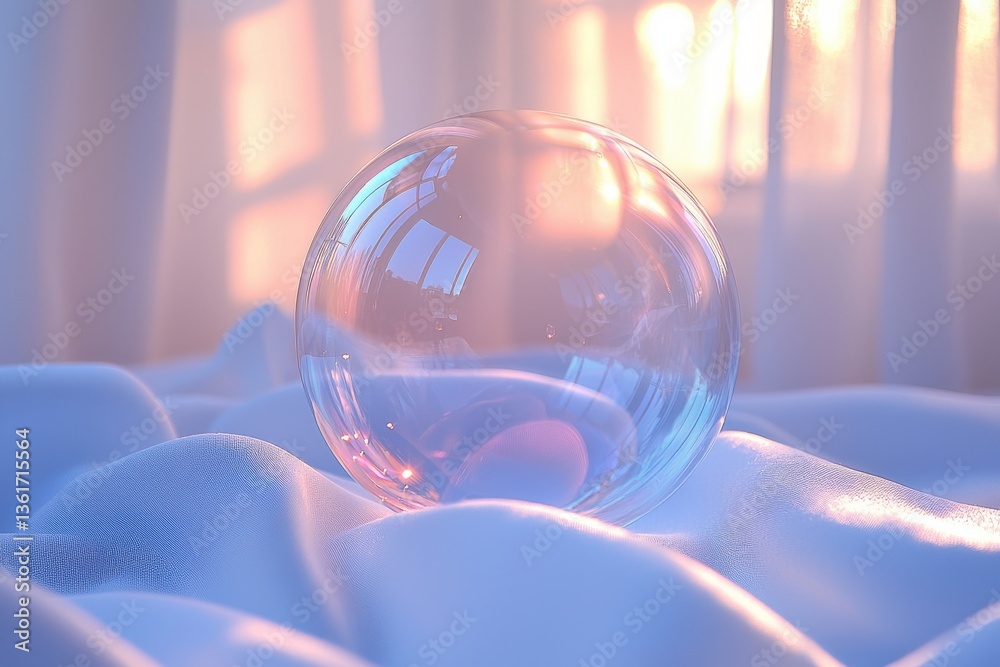 Poster Crystal sphere rests on soft fabric, reflecting sunlight and creating a serene atmosphere in a softly lit room