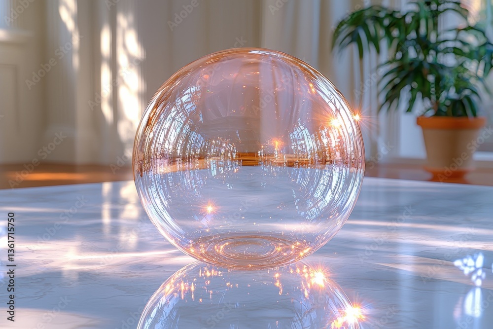 Poster glass sphere reflecting light in a bright room with plants in the background and soft shadows on the