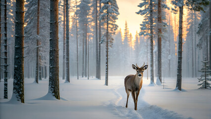 Obraz premium Taiga Biome A serene winter scene featuring a deer in a snowy forest landscape.