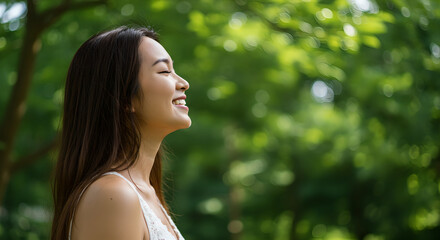 Naklejka premium Woman meditate with breathing on nature, healthy yoga. Asian girl doing breathing exercises, relax. Calm young woman enjoying fresh air. Deep breath through nose, healing and tranquility