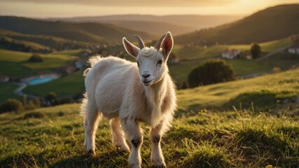 Obraz premium A young goat stands in a lush green landscape during sunset.