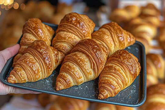 A delicious selection of freshly baked croissants presented on a tray, showcasing their golden-brown, flaky crust and inviting aroma for a delightful culinary experience.