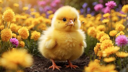 A fluffy, yellow chick is nestled in a nest, which is in the foreground.