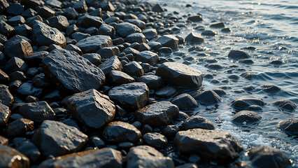 Fototapeta premium Rocky shoreline with wet, glistening stones by the water.