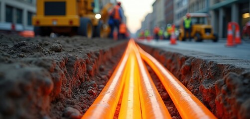 Underground cable installation on city street. Orange glowing conduit in dirt trench, construction equipment. Focus on fiber optic cables, power supply network. Urban infrastructure, building