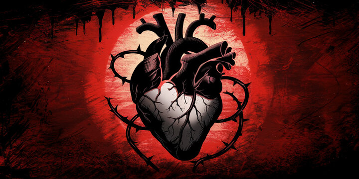 Anatomical heart illustration, entwined with thorny vines, set against a dark red grunge background, symbolizing pain, sacrifice, or heartbreak, suitable for Valentine's Day or gothic themes
