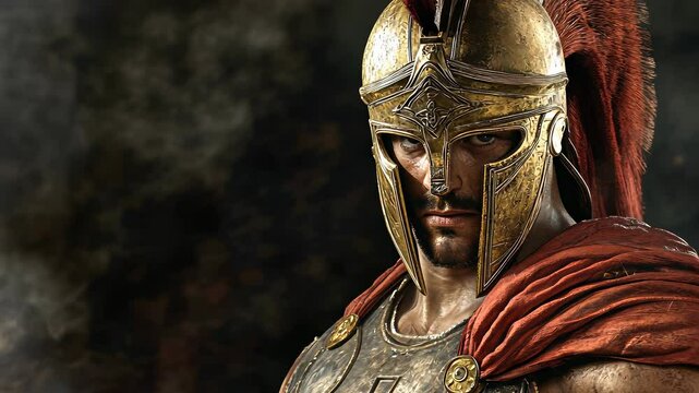 Warrior in intricately designed armor stands confidently in a bold red cape with a fierce gaze in a dark, dramatic setting