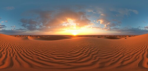 Panoramic desert landscape at sunset. Sandy dunes with intricate patterns, warm glow of sun, blue sky, orange horizon. Tranquil, serene, peaceful natural scenery. Travel, adventure, exploration,