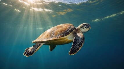 Fototapeta premium A serene underwater scene featuring a swimming turtle illuminated by sunlight.