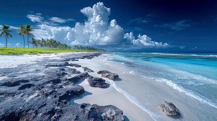 Naklejka premium Stunning Tropical Beach Landscape: Azure Ocean, White Sand, Palm Trees, and Dramatic Clouds