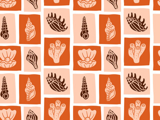 Hand-drawn doodle seamless pattern of ocean elements in frames, including shells, coral, and clam with pearl, ideal for marine decor, beach designs, and underwater themes