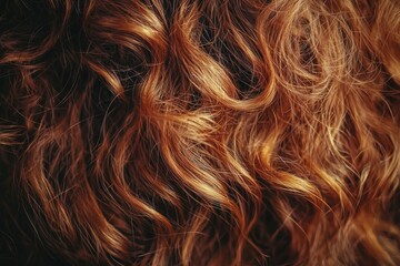 Detailed close-up of auburn curly hair, showcasing rich textures and vibrant color transitions, perfect for beauty and haircare related advertising campaigns or artistic projects.