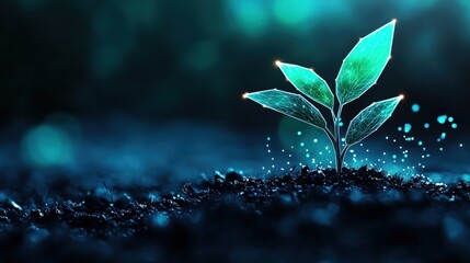 A small green plant sprouts from dark soil, illuminated with glowing details, symbolizing growth and new beginnings in a serene environment.