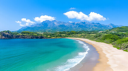Obraz premium Serene coastal scene crescent beach, turquoise water, mountains backdrop