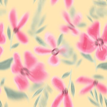 Abstract Digital Paint Watercolor Blurred Tie Dye Mix Plumeria Loose Flowers Leaves and Branches Seamless Pattern Isolated Background	