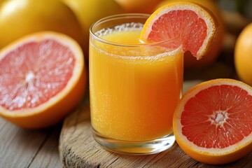 Fresh grapefruit juice in a glass, with grapefruit slices around it. Perfect for healthy eating, breakfast, or promoting fresh products.