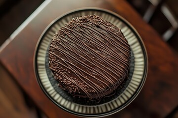 Overhead shot of a rich chocolate cake with frosting and sprinkles on a decorative plate, sitting on a wooden table, showcasing a delicious and indulgent dessert.
