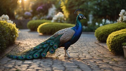 A peacock gracefully walks along a cobblestone path in a serene garden at sunset.