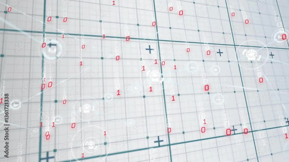 Poster animation of binary code and mathematical symbols overlaying grid pattern in school