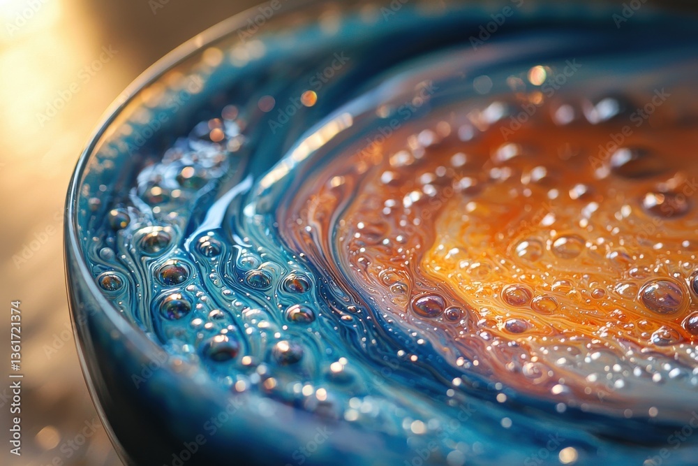 Aufkleber Vibrant swirls of color and bubbles create an abstract design in a shallow dish during late afternoon light