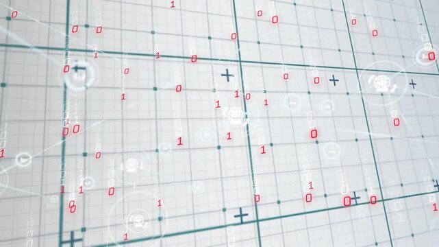 Animation of binary code and mathematical symbols overlaying grid pattern in school