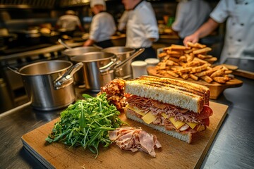 Fototapeta premium A savory gourmet sandwich prepared in a bustling restaurant kitchen, featuring grilled bread, layers of cured meats, cheese, served with fresh greens and homemade fries.