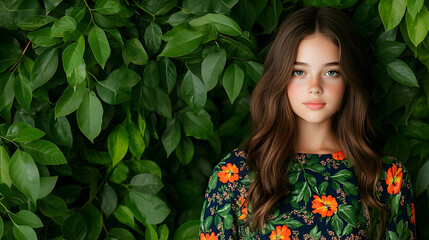 Serene girl with long brown hair, wearing a floral dress, poses against a lush green foliage backdrop