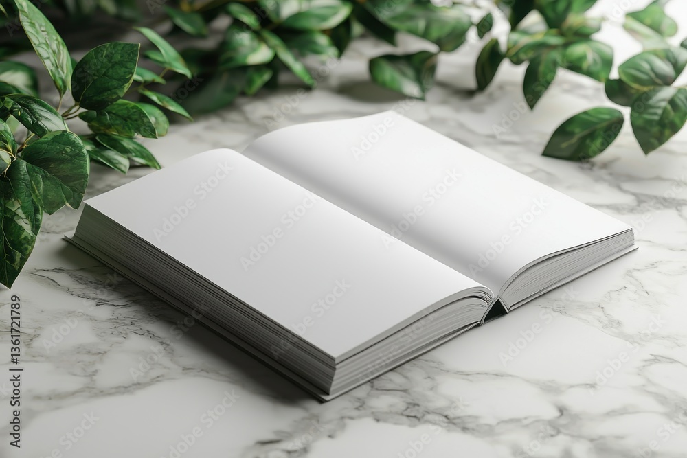 Poster Blank notebook rests on marbled surface surrounded by green leaves in a tranquil setting