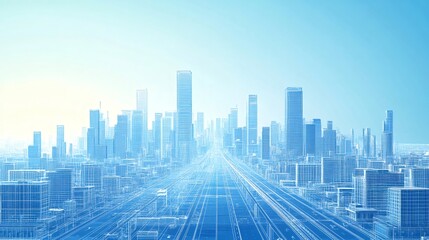 Obraz premium Futuristic wireframe cityscape expanding into the horizon with modern buildings and highway