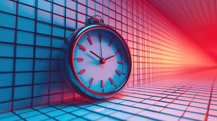 Futuristic clock in a vibrant tunnel. Possible use Stock photo for design, technology, or time concepts
