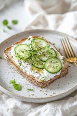Delicious cucumber toast garnished with greens, embodying healthy eating and aesthetic culinary presentation.