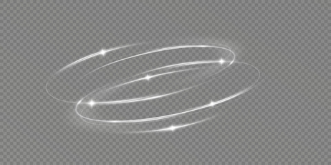Glowing white spiral. Speed ​​abstract lines effect. Rotating shiny rings. Glowing circular lines. Glowing ring trail. Vector.	