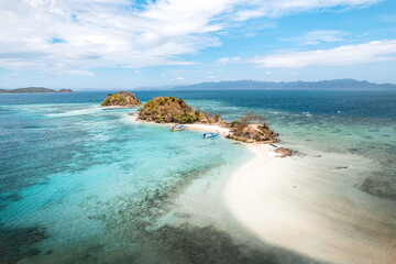 Travel aerial photography background of tropical beach, blue sea and islands in Philippines