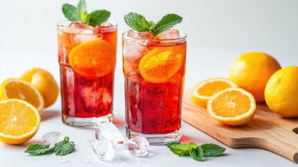 Refreshing iced drinks with oranges and mint