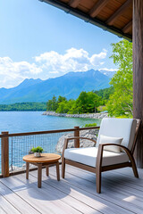 Fototapeta premium Serene lakeside patio with comfy chair and small table, mountain view
