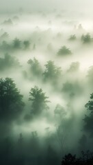 Fototapeta premium Enchanting morning mist weaving through a serene forest, showcasing a mystical ethereal landscape in soft green hues.