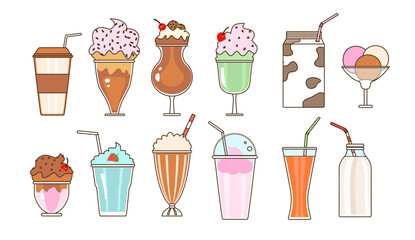 set of drinks and desserts, lattes in takeaway cups, milkshakes, smoothies in glasses with straws, ice cream scoops