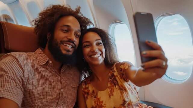 Happy Couple Taking a Selfie on an Airplane. A cheerful couple laughing while taking a selfie during their flight, seated by the airplane window with a bright sky in the background