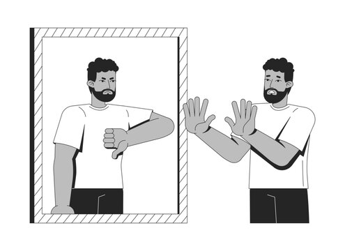 Low self esteem mirror line illustration concept. Insecurity, inner critic. Mental health. Black man facing harsh negative self-image outline 2D character isolated. Ink linear drawing vector art