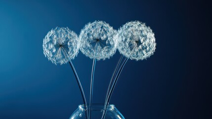 Three dandelion seed heads in glass vase, studio shot