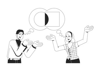 Miscommunication and disagreement line illustration concept. Interpersonal communication. Arguing people conflicting thought bubble outline 2D characters isolated. Ink linear drawing vector art