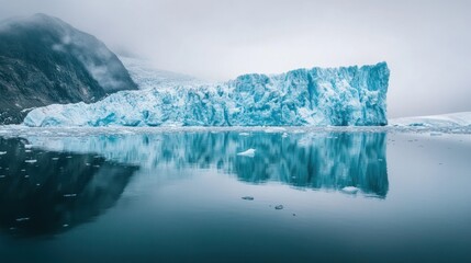 Fototapeta premium Serene Glacier Scenery reflecting Calm Waters under a Misty Sky creating a tranquil spectacle