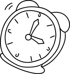 A simple line drawing of an alarm clock with two bells on top, indicating time and urgency, often associated with waking up or reminders.