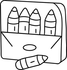 A simple box of crayons with four colored crayons inside, featuring a prominent crayon lying outside the box.