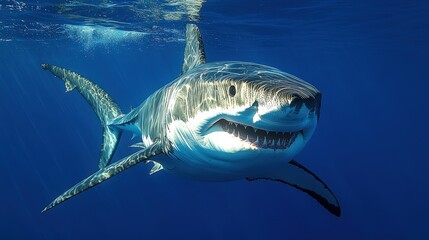 Fototapeta premium Majestic great white shark breaches the deep blue, jaws agape, showcasing formidable teeth in a thrilling ocean view