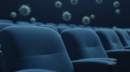 Obraz premium Empty cinema chairs in a dark theater with floating virus particles symbolizing health concerns and the impact on movie-going experiences